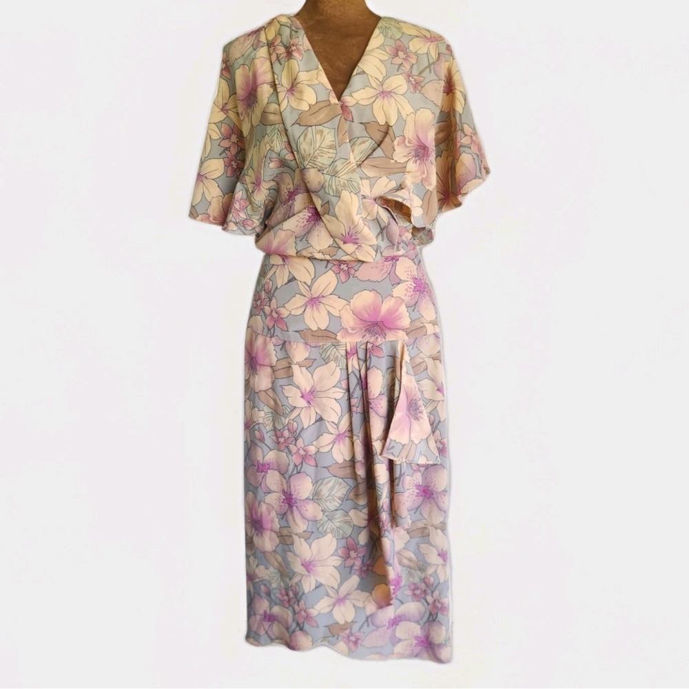 Dawn Joy Vintage Floral Dress 80s Ruffle Drop Waist Midi Tropical Pastel